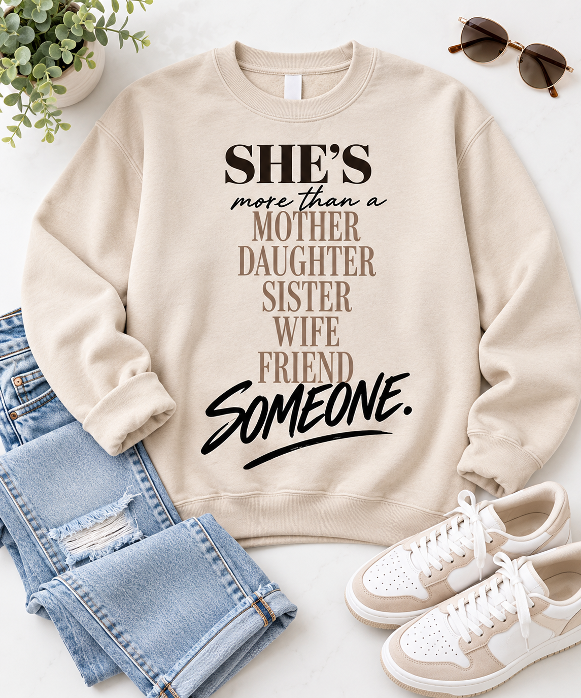 Sand cream She’s Someone Beyond the Roles women’s crewneck sweatshirt flat lay