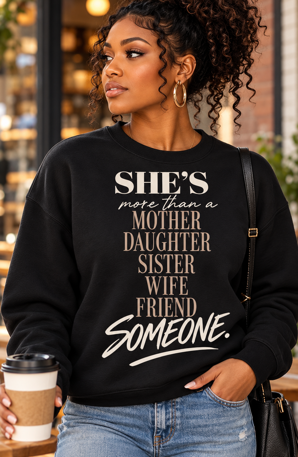 Women’s black She’s Someone Beyond the Roles graphic crewneck sweatshirt