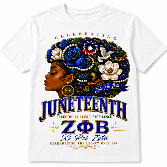 Personalized Zeta Phi Beta Juneteenth shirt featuring custom chapter name option
