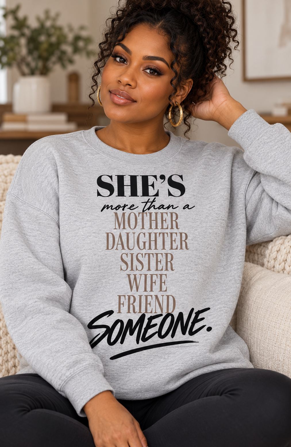 Women’s heather gray She’s Someone Beyond the Roles crewneck sweatshirt