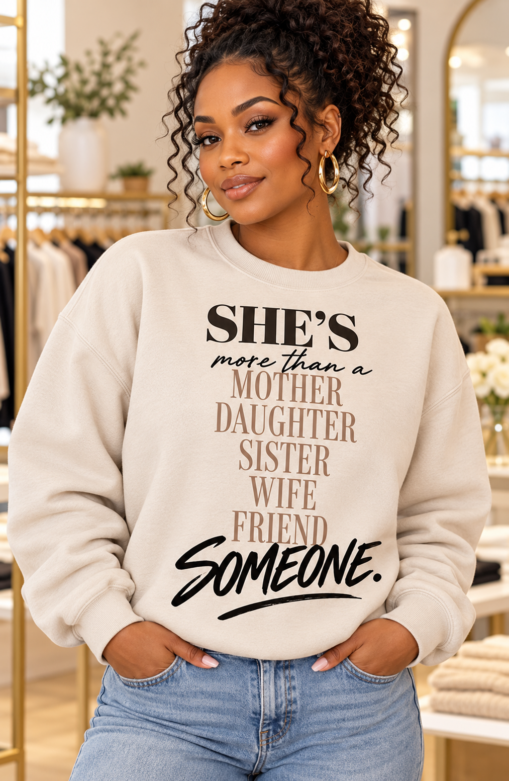 Women’s sand cream She’s Someone Beyond the Roles crewneck sweatshirt