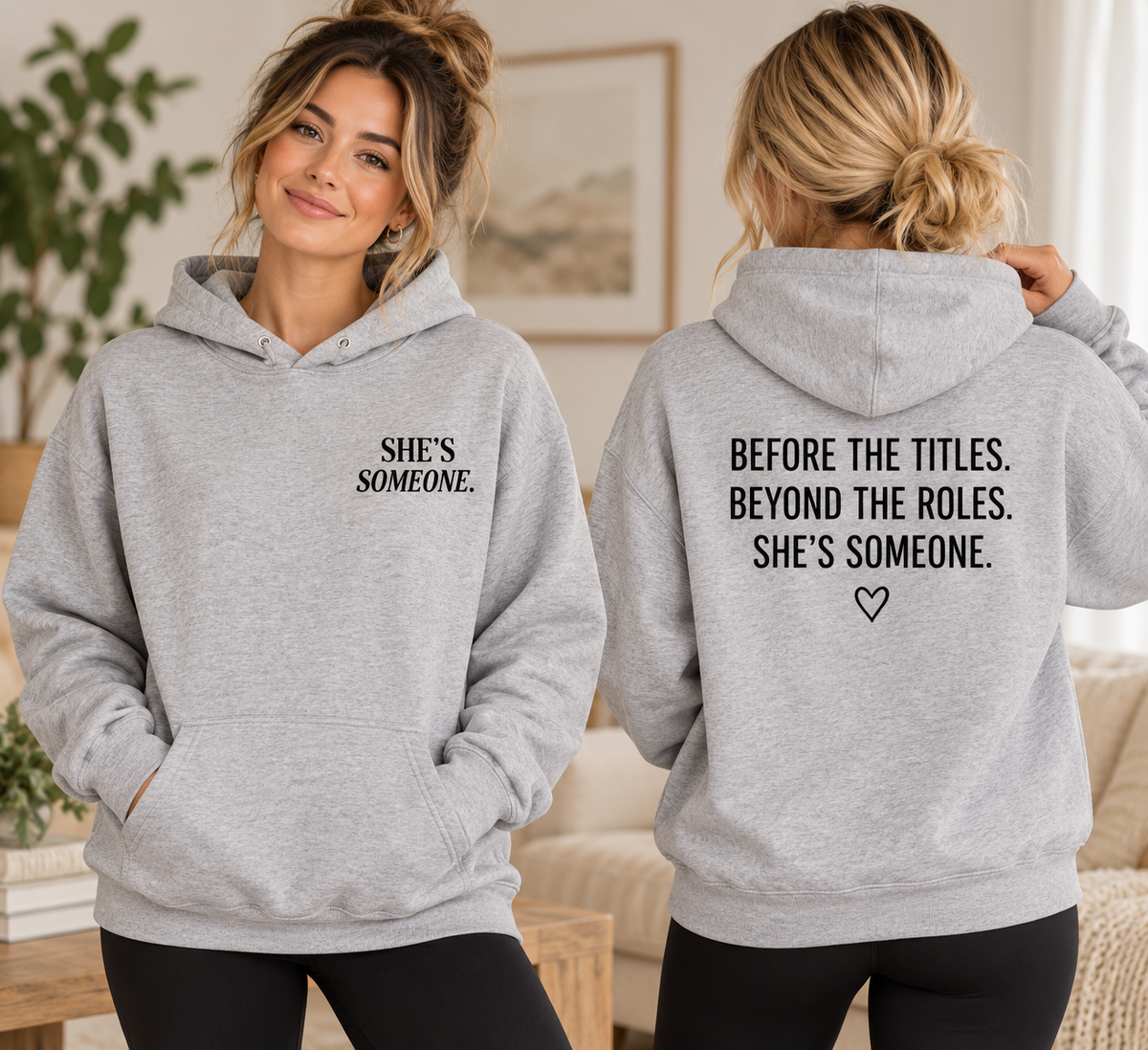 Women’s heather gray She’s Someone Essential Hoodie front and back design