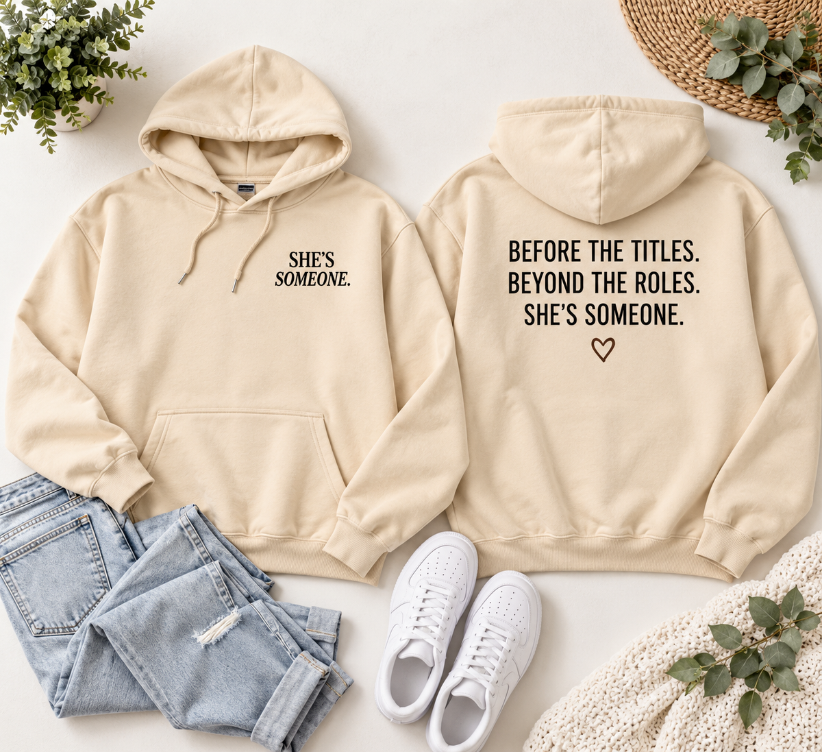 Sand cream She’s Someone Essential Hoodie front and back flat lay