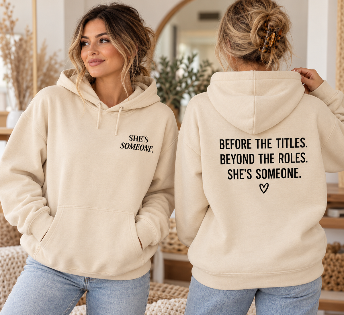 Women’s sand cream She’s Someone Essential Hoodie front and back design