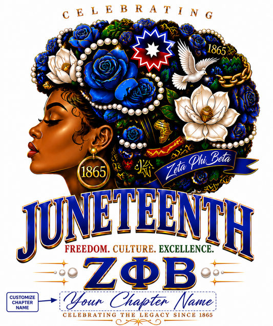 Custom Zeta Phi Beta Juneteenth shirt showing personalized chapter name customization
