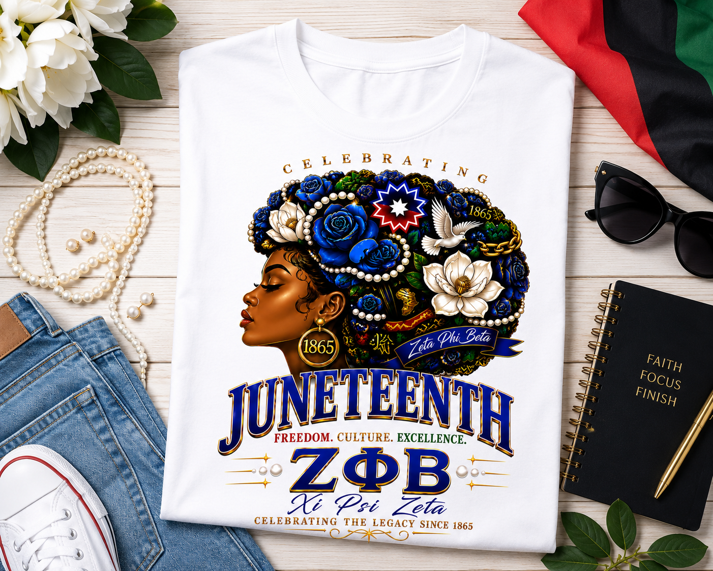 Flat lay of personalized Zeta Phi Beta Juneteenth commemorative t-shirt
