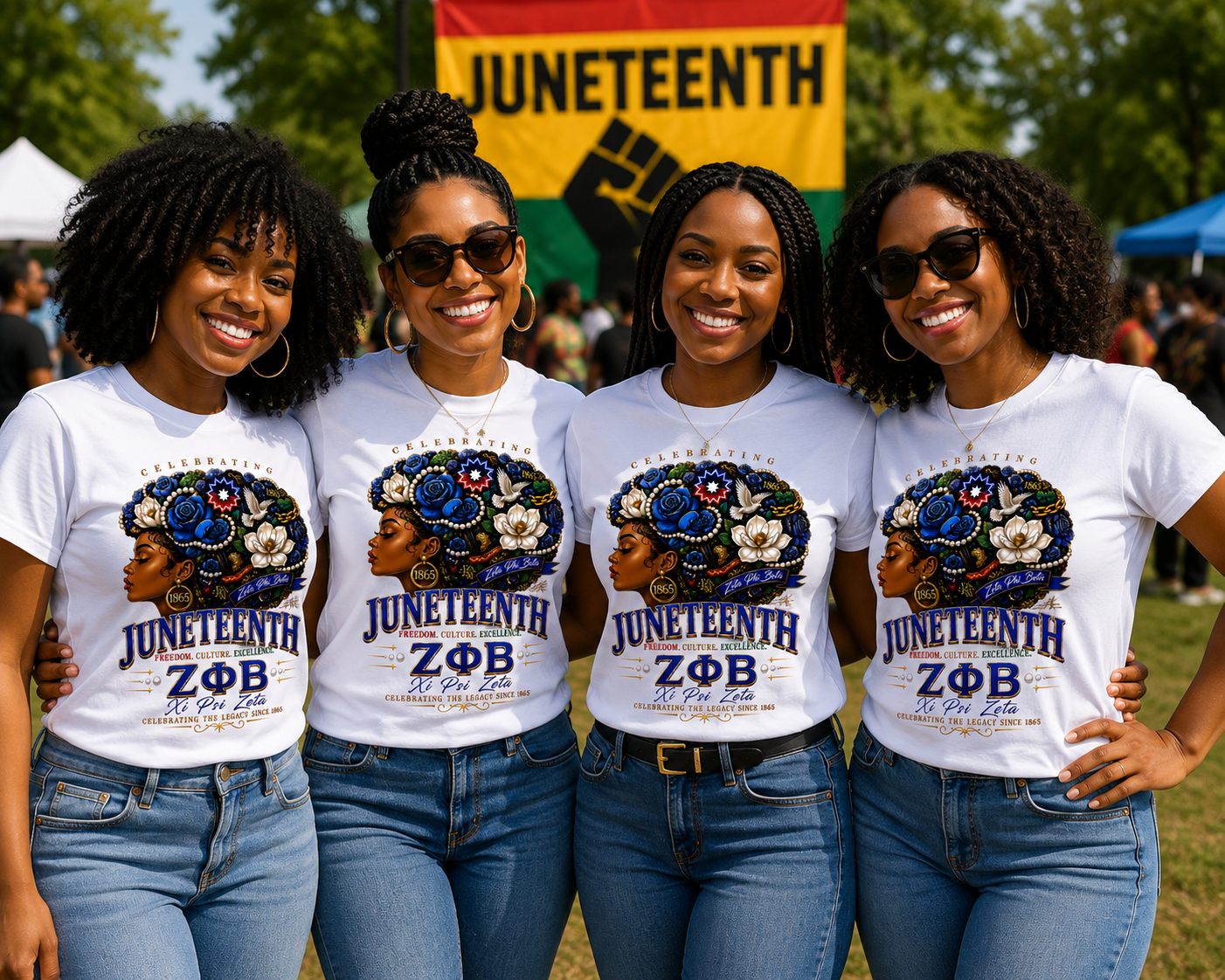 Women wearing personalized Zeta Phi Beta Juneteenth shirts at a Juneteenth celebration