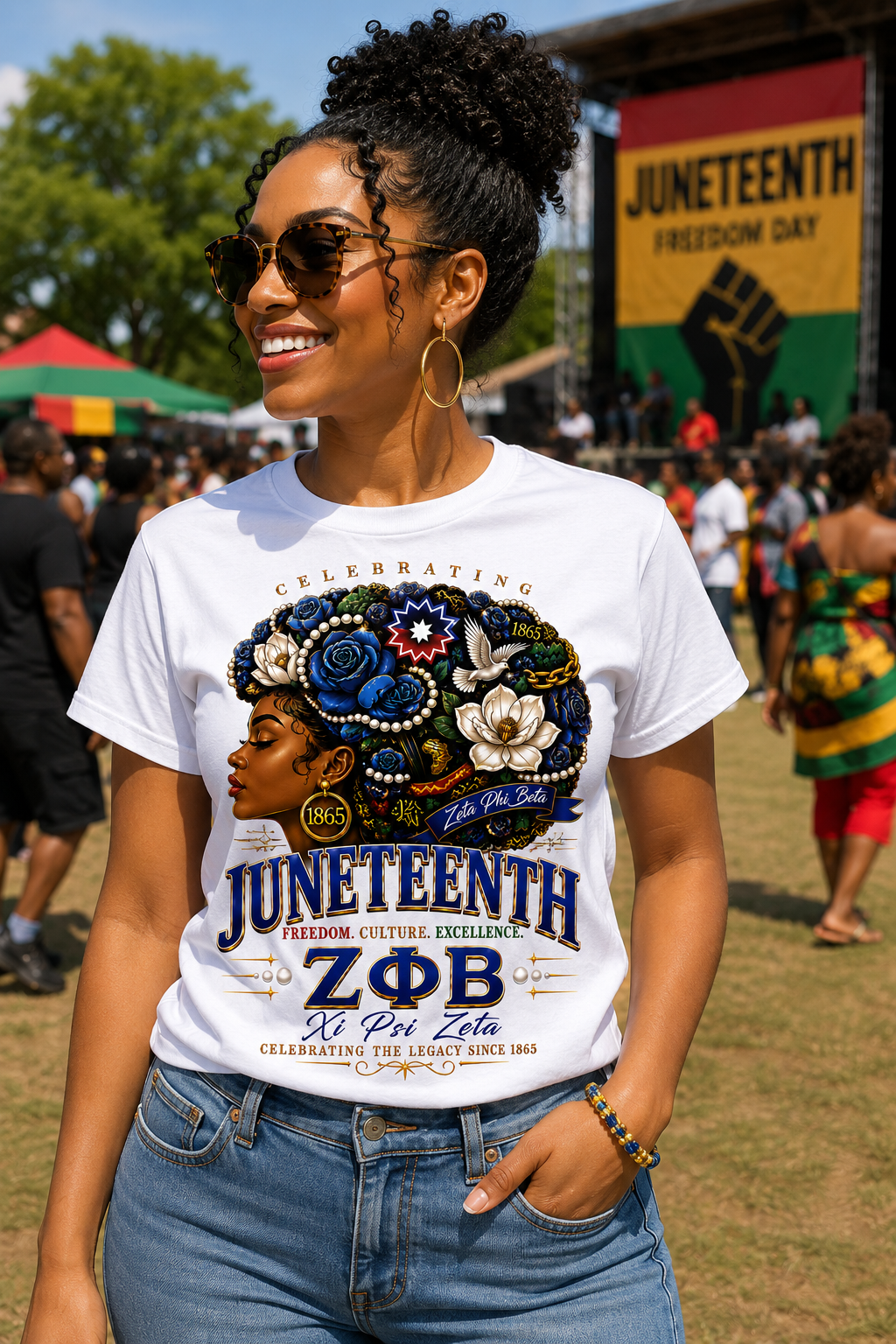 Woman wearing a custom Zeta Phi Beta Juneteenth shirt at a community festival